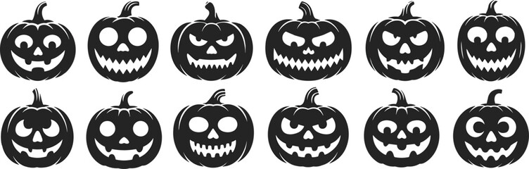 Halloween pumpkin faces, spooky jack-o'-lantern icons, carved pumpkin vector, scary pumpkin illustration, creepy holiday design, black pumpkin silhouette set flat vector illustration
