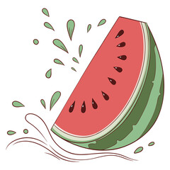 Illustration of a Watermelon Slice with Splashes on a White Background