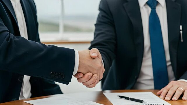 Professionals Handshake Agreement in Suits Over Wooden Table With Windmills Background