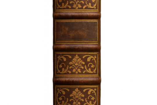 Vintage book spine featuring intricate golden floral ornaments, highlighting classic literary elegance against transparent backdrop