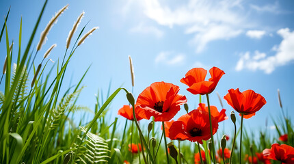 Fototapeta premium Vibrant red poppies blanket a summer meadow under a beautiful blue sky, creating a stunning natural landscape