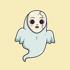 Playful cartoon ghost with light blue body and wing-like arms, floating gently with a curved tail and tiny smile on a light yellow background.