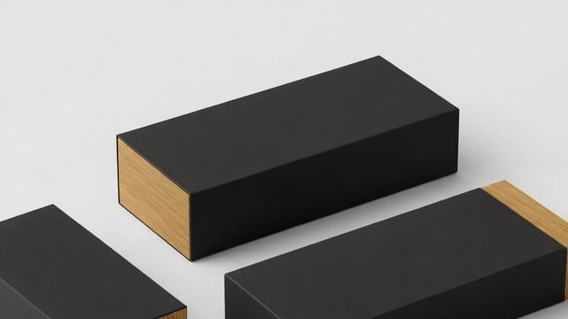 Rectangular Black Boxes With Brown Wooden Accents In Minimalist Geometric Arrangement On White Surface