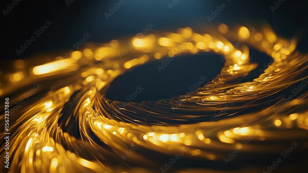 Poster golden coil abstract: an artistic macro shot depicts a mesmerizing swirl of golden, radiant fibers, 