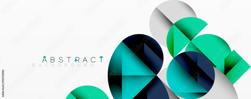 Poster modern abstract design features overlapping circles, squares. teal, navy, silver hues create dynamic