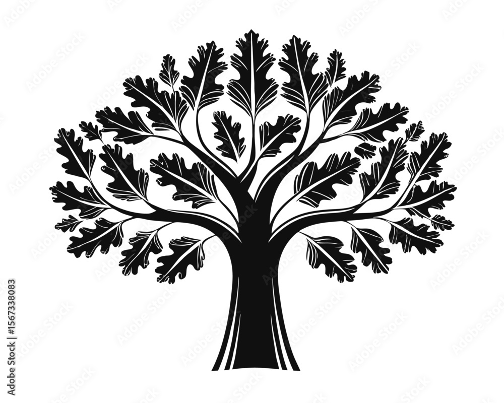 Poster a stylized minimalist graphic representation of a mature oak tree featuring a robust trunk and a ful