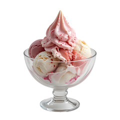 strawberry vanilla ice cream scoop in glass bowl isolated on transparent png