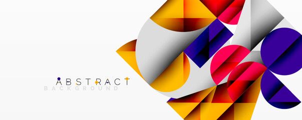 Dynamic composition features geometric shapes, vibrant colors, white space. Modern design elements create visual interest.