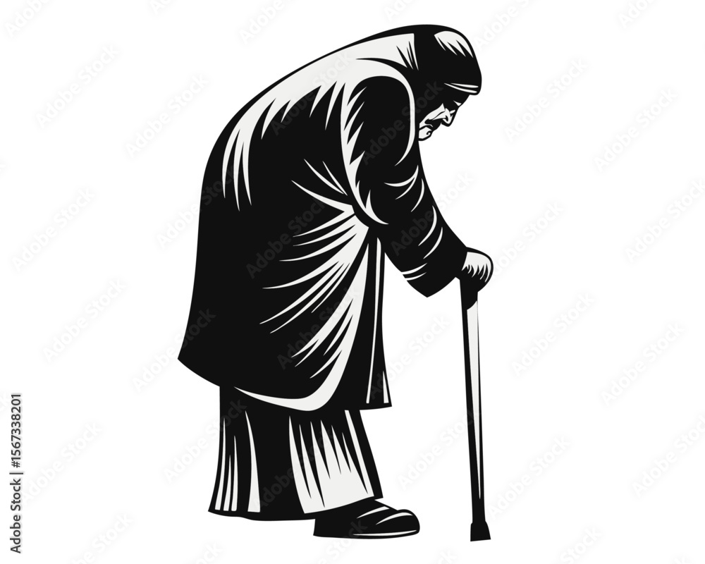 Poster a striking minimalist profile of an elderly gentleman rendered in a solid dark hue against a clean u