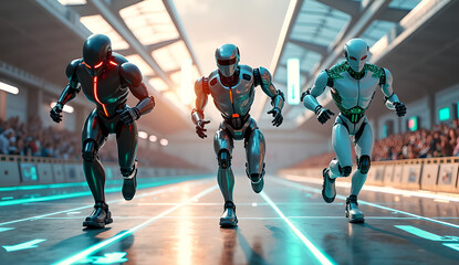 Three robots are running a race in the stadium and everyone is watching