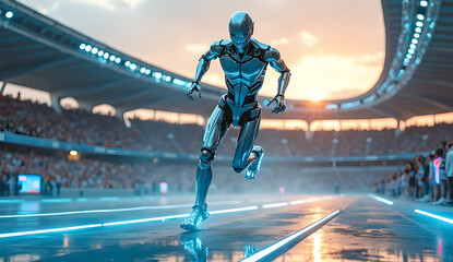 a robot is running in the stadium and everyone is watching