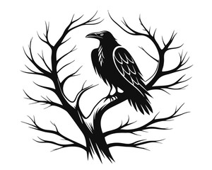 Obraz premium A solitary menacing raven perched upon the stark leafless limb of a gnarled tree under a dark atmospheric sky evoking a sense of foreboding and gothic mystery