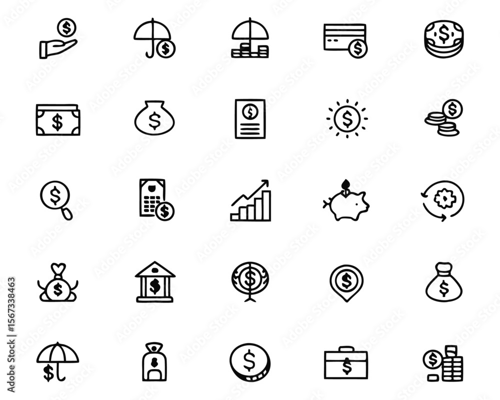 Poster a comprehensive collection of clean modern line graphics representing various personal finance conce