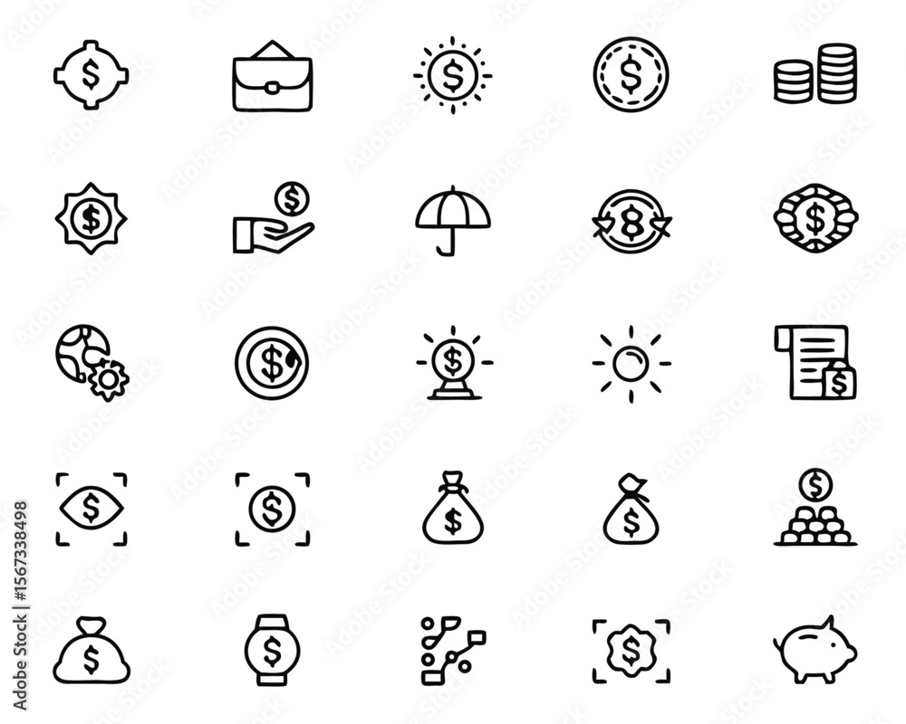 Poster comprehensive collection of editable thin line symbols representing various personal finance concept