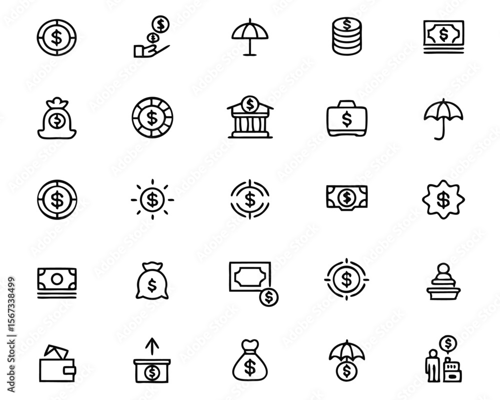 Poster comprehensive collection of thin line graphical elements representing various personal finance conce