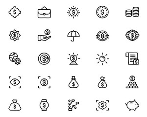 Comprehensive collection of editable thin line symbols representing various personal finance concepts ideal for digital and print applications