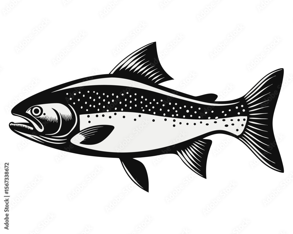Poster artistic rendering of a vibrant salmon fish showcasing its scales and form against a clean unadorned