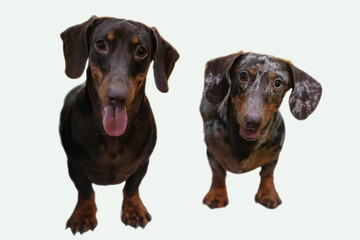 Two adorable dachshunds posing prettily. Suitable for pet products, animalthemed designs, greeting cards, and dog lover content creation