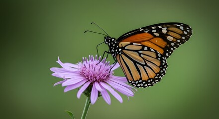Fototapeta premium Butterfly with orange and black wings on a purple flower against green background.