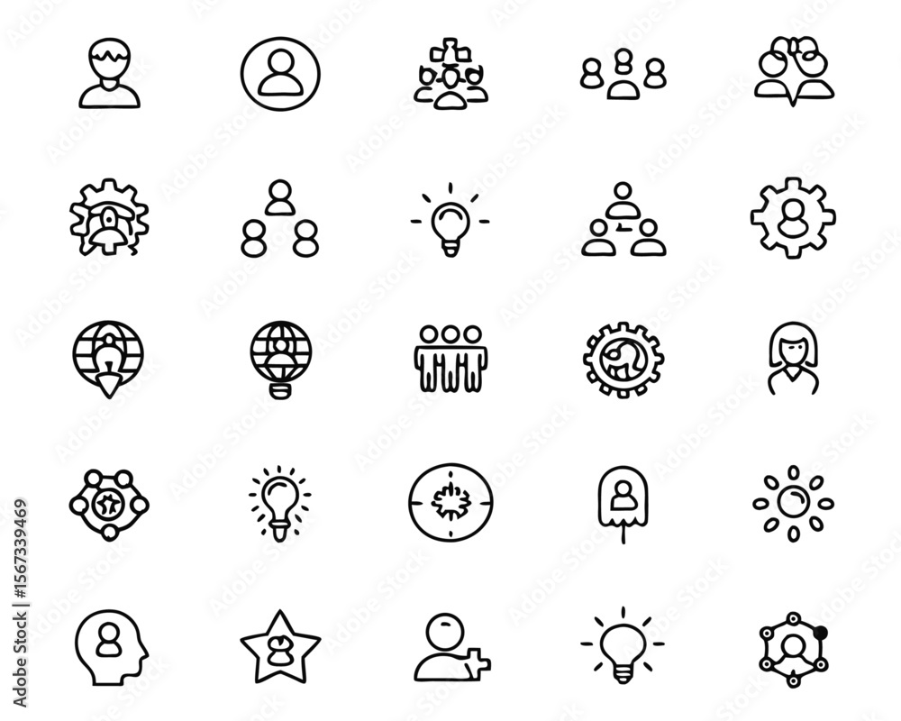Poster a comprehensive collection of thin line graphics representing collaboration problem solving and grou