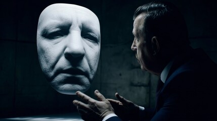 Man in dark suit interacts with floating three-dimensional face in dimly lit, stone-like background, showcasing detailed wrinkles and neutral expression.