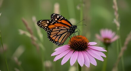 Obraz premium Monarch butterfly rests on a pink flower in a grassy field.