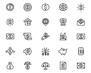 A collection of thin line flat illustrations featuring a refund symbol suitable for financial services e commerce and customer support applications