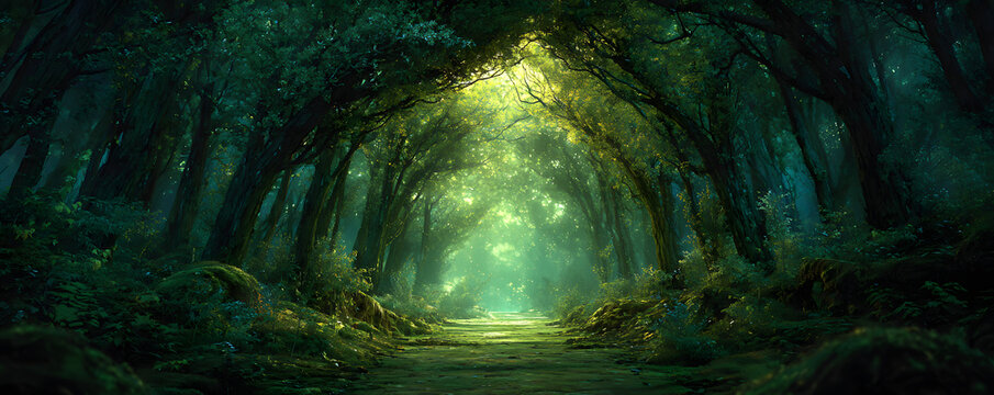 Enchanted green forest pathway leading through archway of trees towards a bright, mysterious light.
