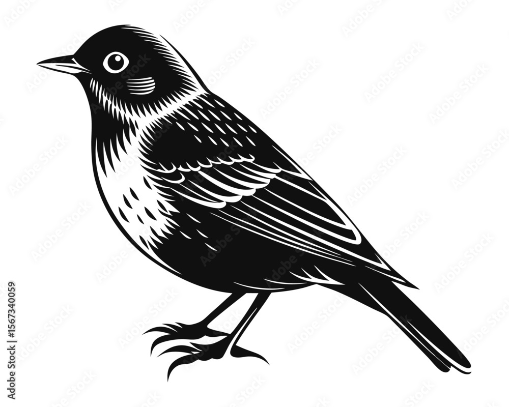 Poster charming silhouette of a robin bird in flight rendered in bold black with subtle hints of color perf