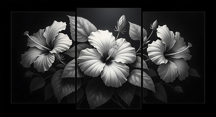 Elegant monochrome hibiscus floral arrangement against a black background for decor design