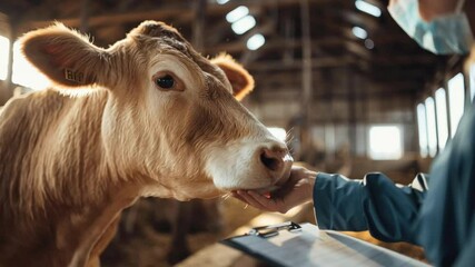 Caring Cow in Farm: Close-up shot of a serene cow receiving gentle care in a barn, the image captures a moment of tenderness between an animal and caregiver.