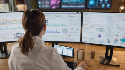 Scientist Analyzing Data on Multiple Screens: A female scientist in a lab coat diligently analyzes complex data displayed on multiple computer screens in a modern laboratory setting. - Powered by Adobe