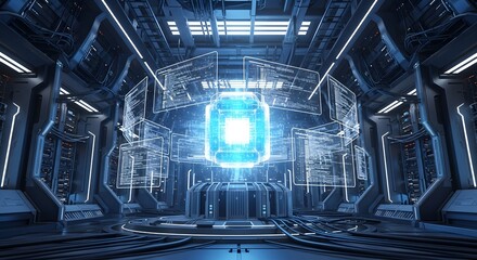 Glowing Ai Core with Floating Screens in Futuristic Server Room