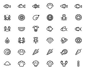 Collection of stylized aquatic creatures and ocean delicacies presented as clean adaptable graphic elements with distinct outlines and vibrant color fills for versatile use