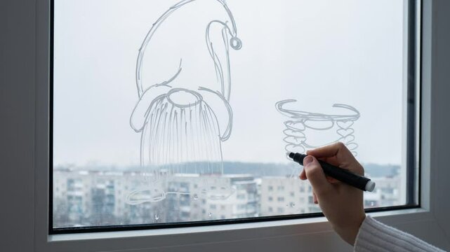 Stop motion video animation Sustainable responsible holiday decor. Female hand painting gnomes painted on window glass indoor at home. Christmas winter decoration. White pattern. Snow art tracery on