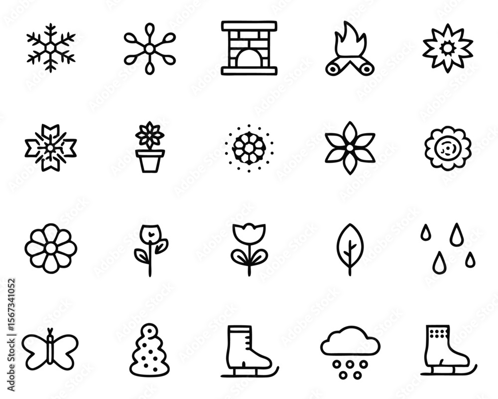 Poster comprehensive collection of forty distinct graphic symbols representing the four yearly cycles featu