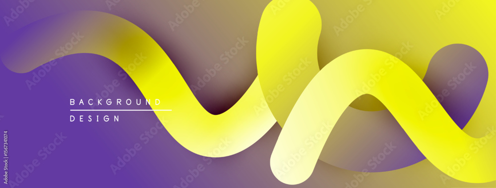 Poster Abstract yellow ribbon flows over purple gradient background. Modern design element for digital projects. Smooth curves create dynamic visual.