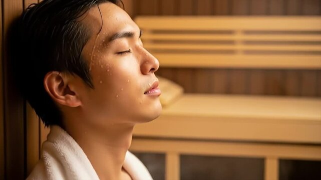 額に汗をにじませサウナでリラックスする若い日本人男性