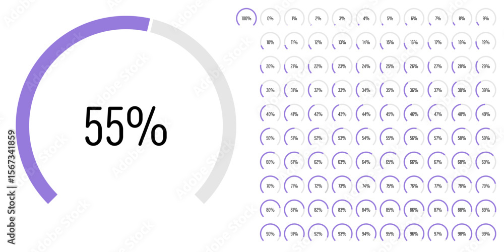 Fototapete set of circular sector arc percentage diagrams meters progress bar from 0 to 100 ready-to-use for we