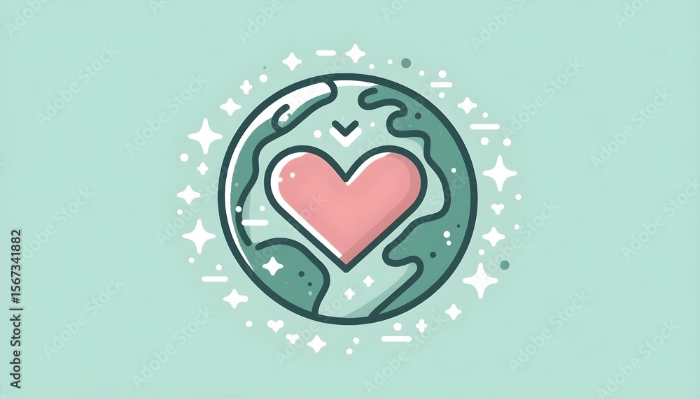 Poster planet earth with heart symbol in flat vector form placed on soft green background expressing enviro