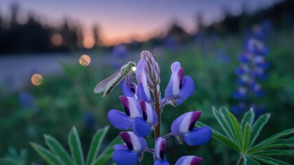 Magical night scene of a glowing firefly or dragonfly resting on a dew-kissed red poppy flower in an enchanted garden.