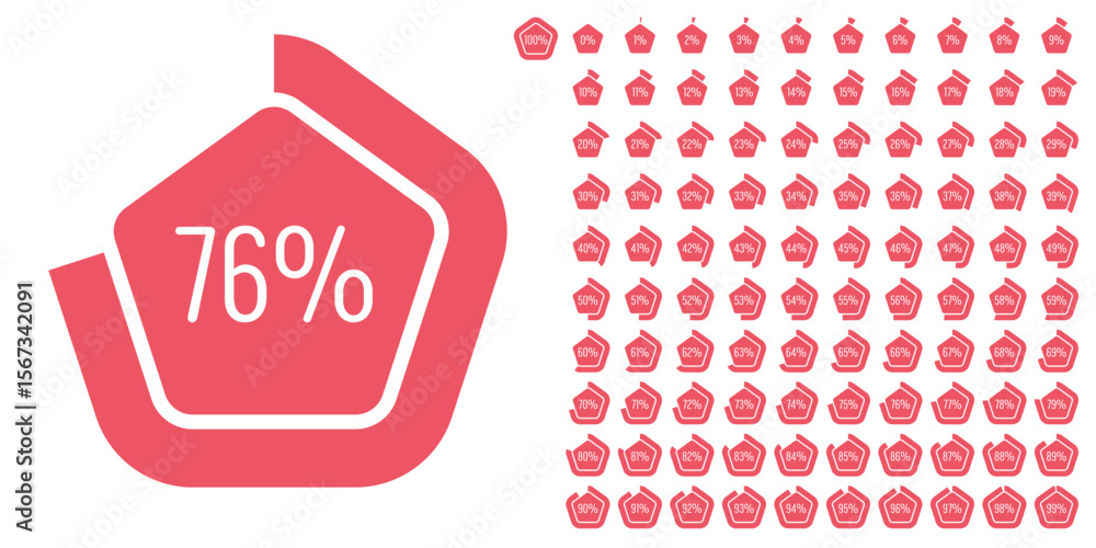 Fototapete set of pentagon percentage diagrams meters from 0 to 100 ready-to-use for web design, user interface