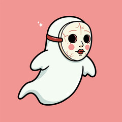 Cartoon ghost with a white rounded body wearing an astronaut helmet, floating cheerfully against a pink background with sparkles.