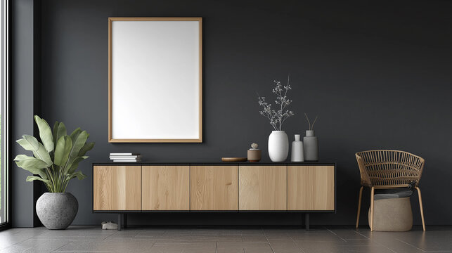 Black sideboard stand against white wall in modern apartment.