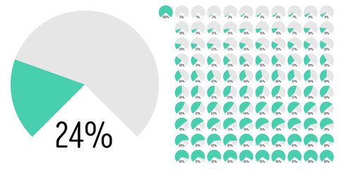Set of circular sector arc percentage diagrams meters progress bar from 0 to 100 ready-to-use for web design, user interface UI or infographic - indicator with green