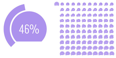 Set of circular sector arc percentage diagrams meters progress bar from 0 to 100 ready-to-use for web design, user interface UI or infographic - indicator with purple