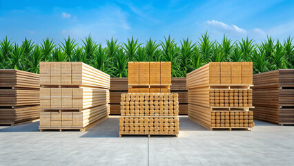 Sustainable timber stacks in outdoor environment showcasing eco friendly materials and renewable resources