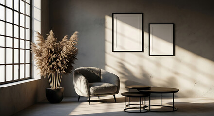 Modern living room interior with armchair artwork frames and pampas grass plant decor