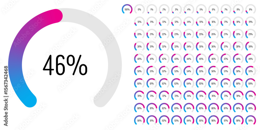 Poster set of circular sector arc percentage diagrams meters progress bar from 0 to 100 ready-to-use for we