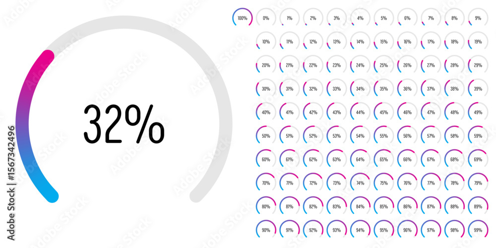 Poster set of circular sector arc percentage diagrams meters progress bar from 0 to 100 ready-to-use for we